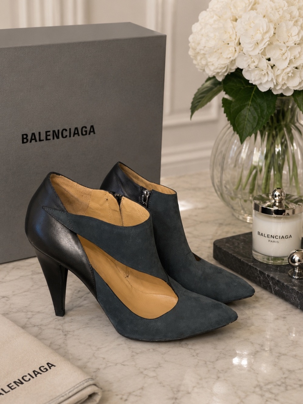 Balenciaga Gray Black Leather Suede Cutout Pointed Toe Shooties Heels 39